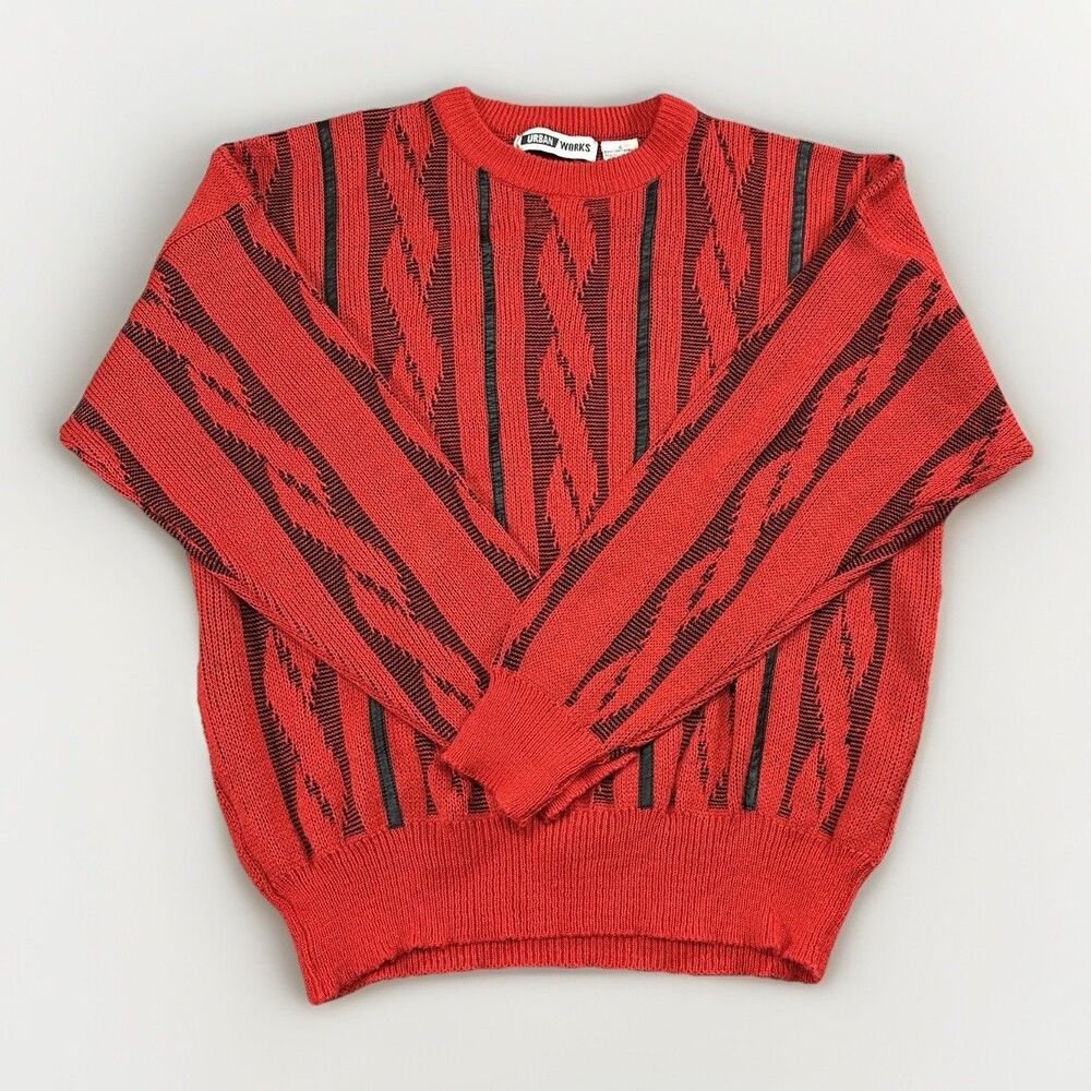 VTG Urban Works 90s Coogi-Style Sweater XL Red Black Acrylic Leather Trim Korea